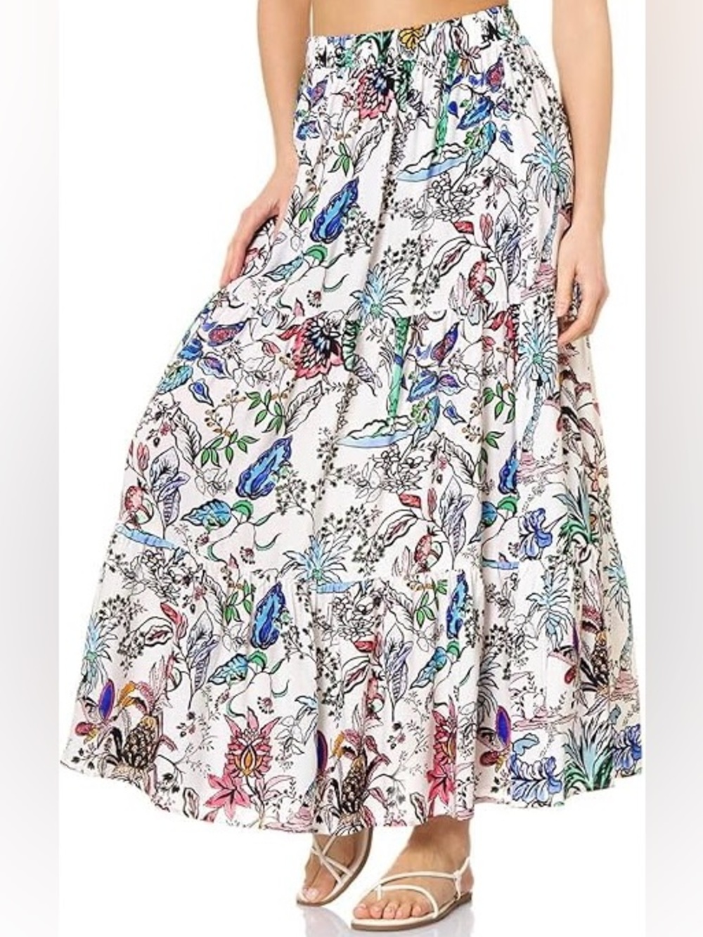 Goldenpoint Floral Tropical Print Maxi Skirt Size M US 10 Elastic Waist Boho